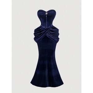 Women Blue Velvet Strapless Midi Dress Ruched Corset Bodycon Evening Party L